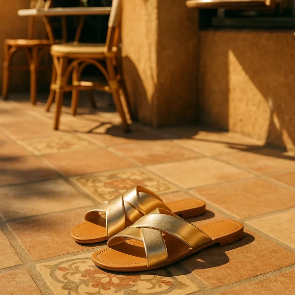 Χρυσά flat σανδάλια πάνω σε κεραμικά μεσογειακά πλακάκια δίπλα σε καλοκαιρινό καφέ.