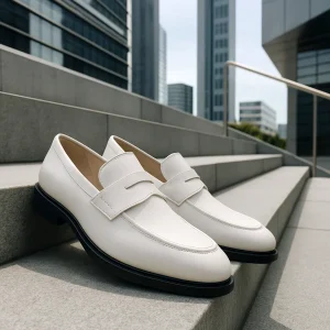 Λευκά δερμάτινα loafers σε μοντέρνα τσιμεντένια σκαλοπάτια πόλης.